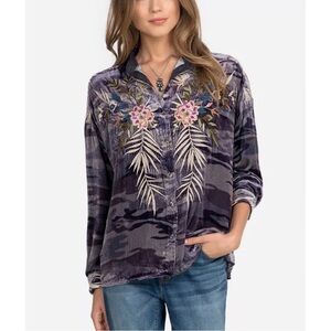 Johnny Was Velvet Purple Camouflage Floral Embroidered Shirt